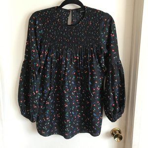 Hatch Black Floral Smocked Blouse Top Scoop Neck